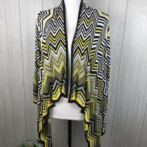 Cache draped long front open knit cardigan chevron